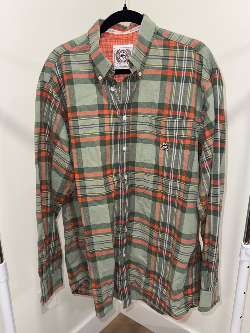 Cinch Men’s Large Plaid Button Down Shirt Green Orange Western 100% Cotton